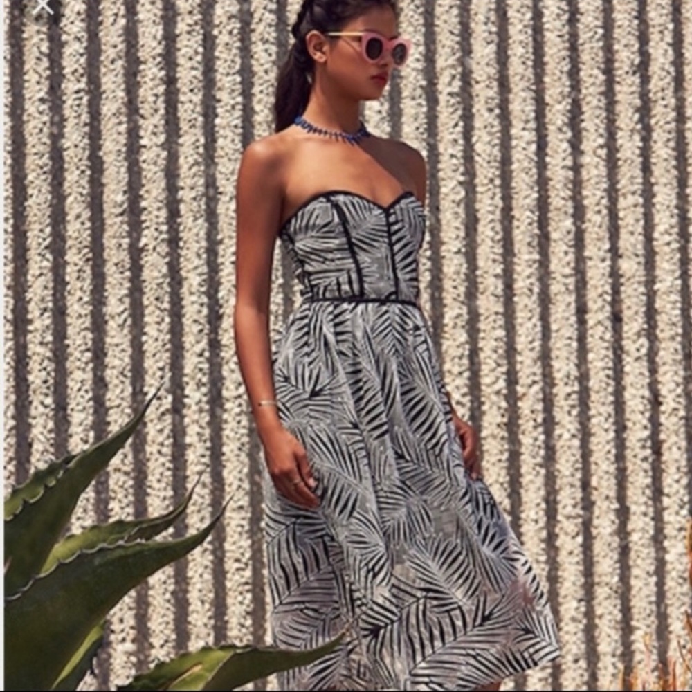 🔥Parker Azalea Palm Leaf strapless black white midi dress